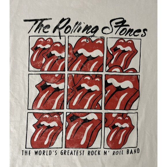 H&M The Rolling Stones T-Shirt Size XL Cream Lips Distressed Crop 100% Cotton - Picture 2 of 6